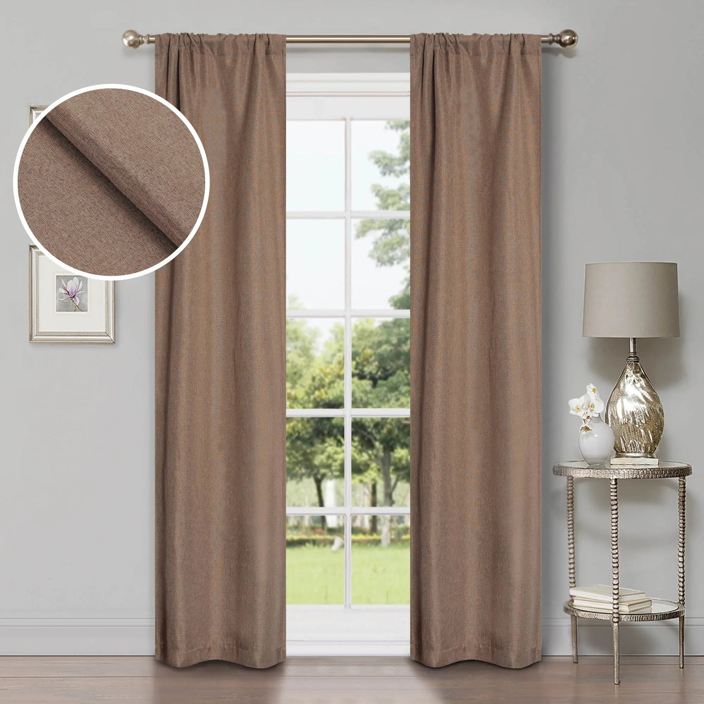 Linen Pattern Washable Room Darkening Blackout Curtains. Set of 2
