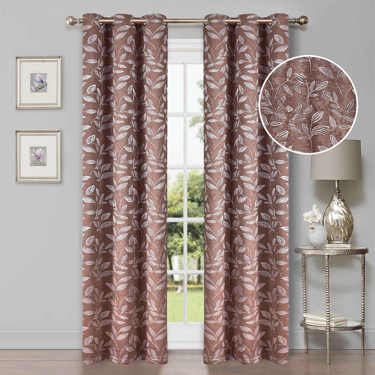 Leaves Machine Washable Room Darkening Blackout Curtains. Set of 2
