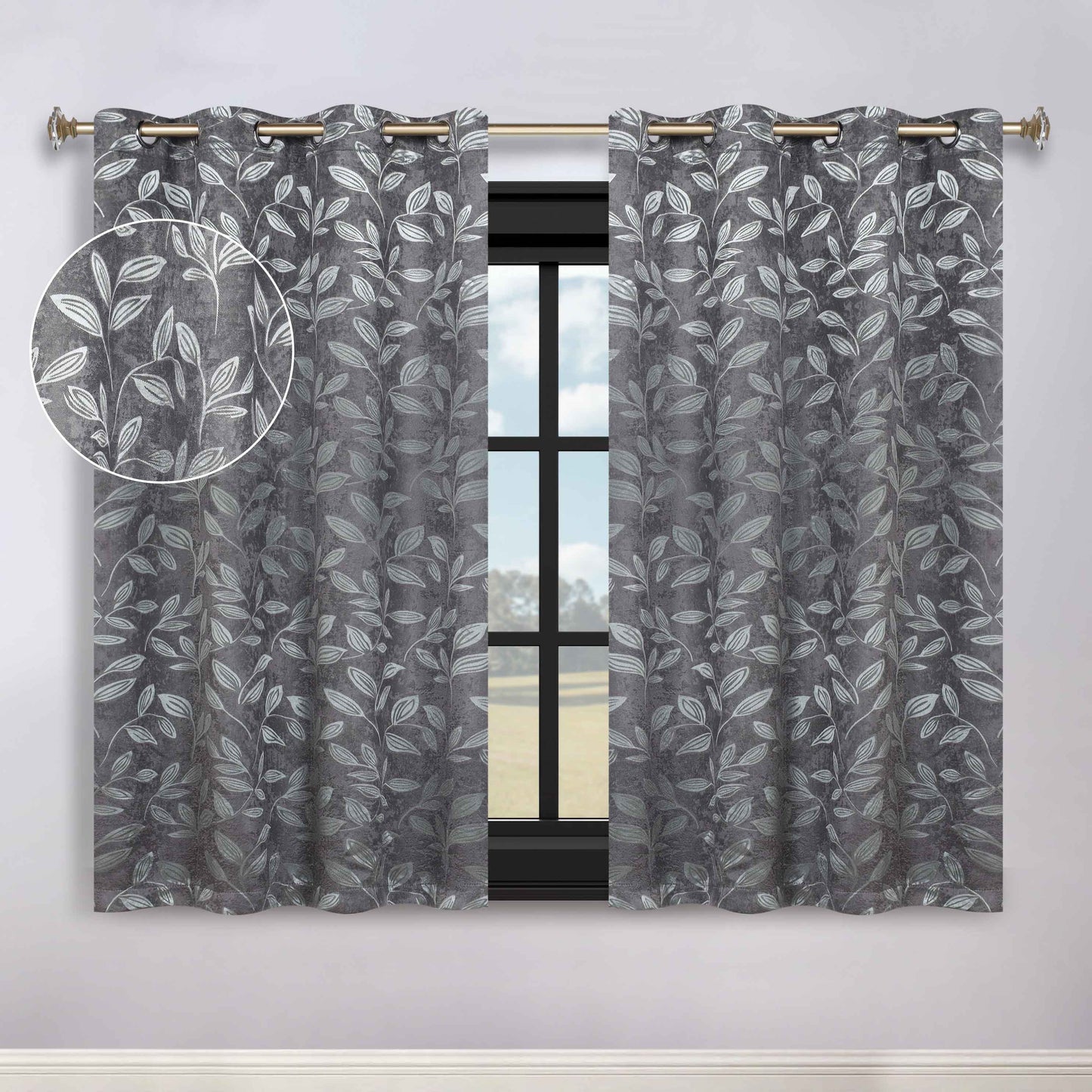Leaves Room Darkening Washable Blackout Curtain Panels. Set of 2