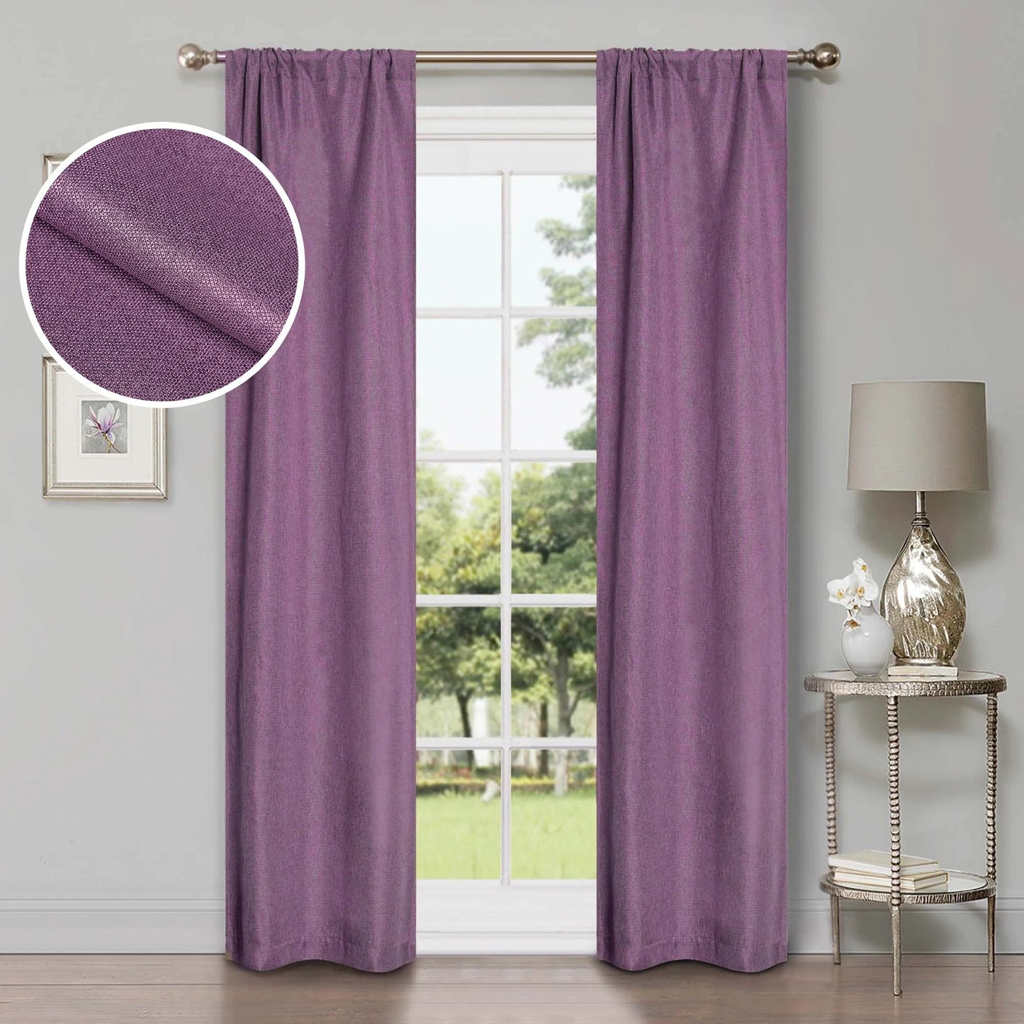 Linen Pattern Washable Room Darkening Blackout Curtains. Set of 2