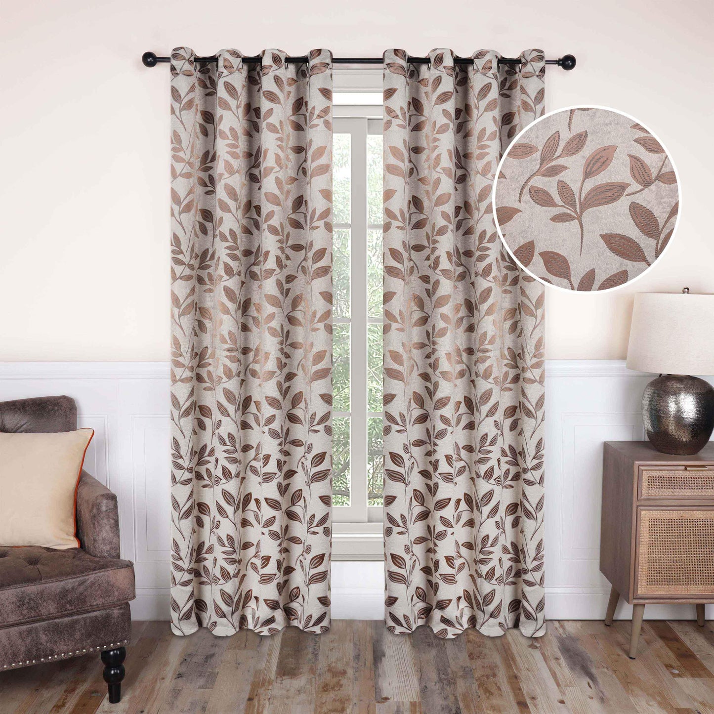 Leaves Machine Washable Room Darkening Blackout Curtains. Set of 2