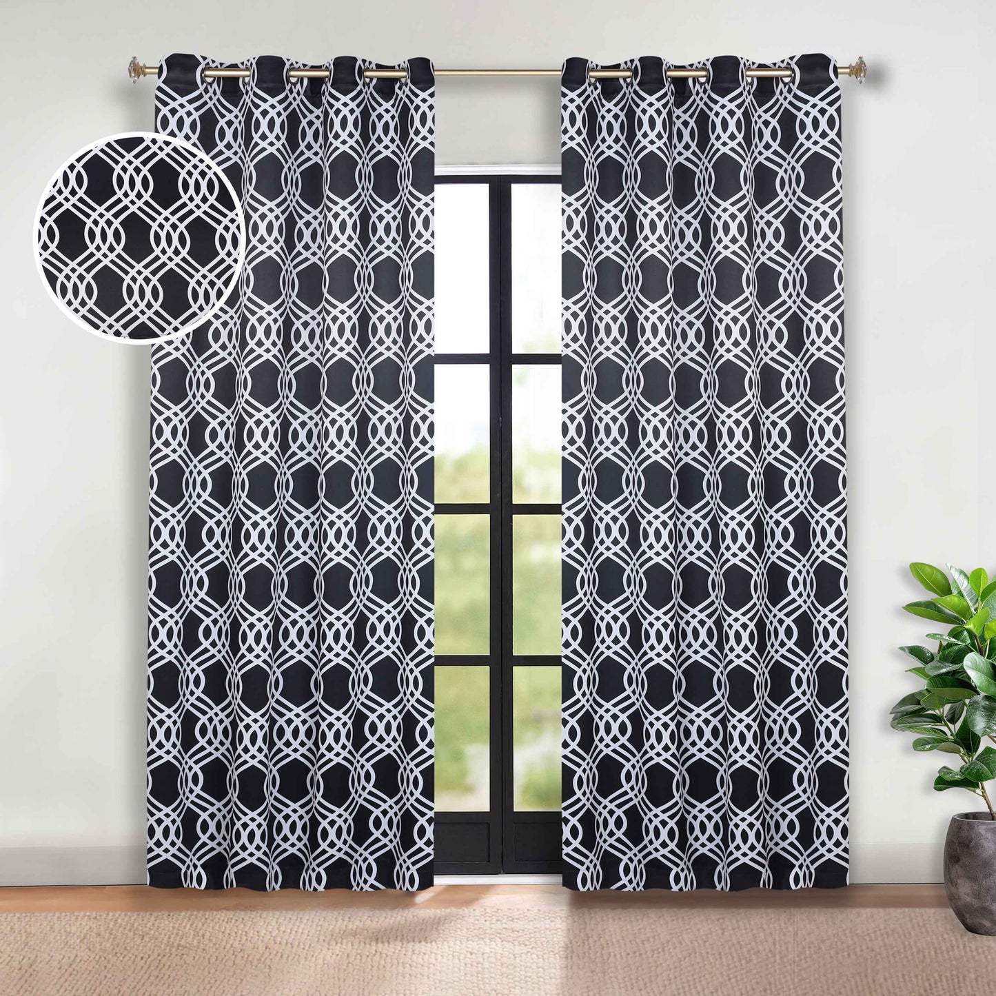 Ribbon Trellis Washable Room Darkening Blackout Curtains. Set of 2