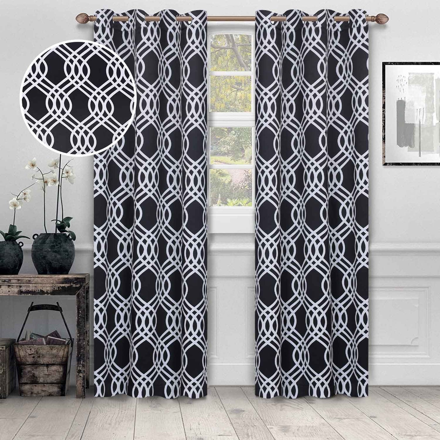 Ribbon Trellis Washable Room Darkening Blackout Curtains. Set of 2