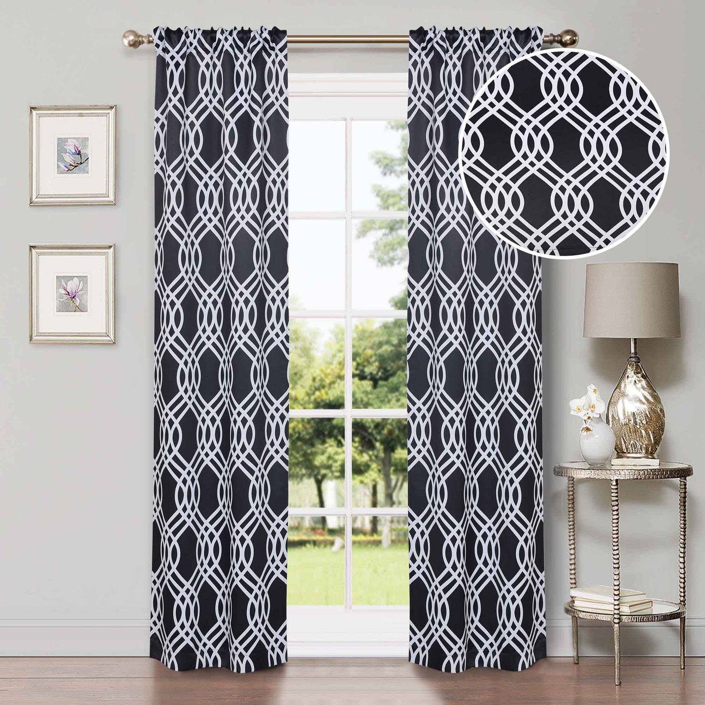 Ribbon Trellis Washable Room Darkening Blackout Curtains. Set of 2