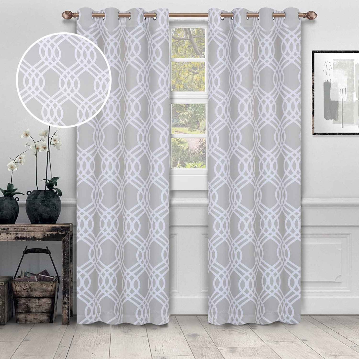 Ribbon Trellis Washable Room Darkening Blackout Curtains. Set of 2