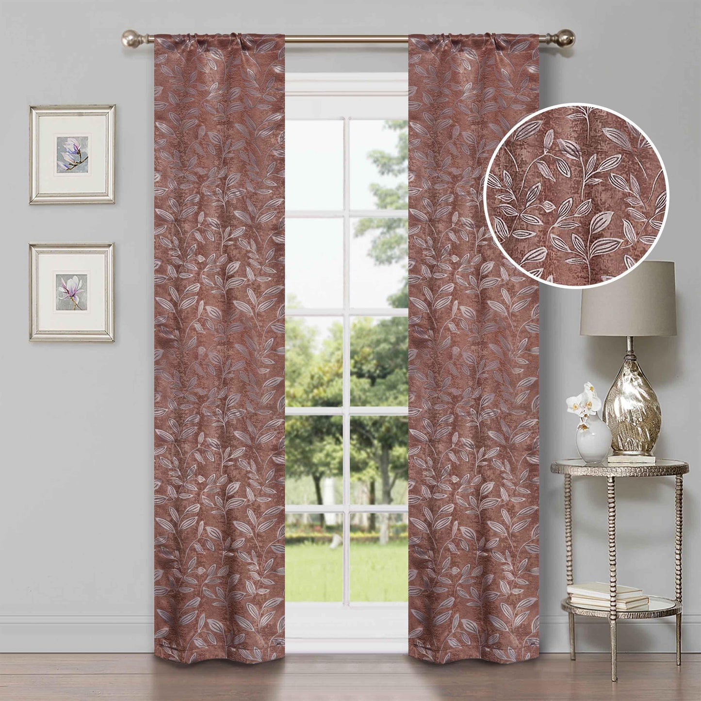 Leaves Machine Washable Room Darkening Blackout Curtains. Set of 2