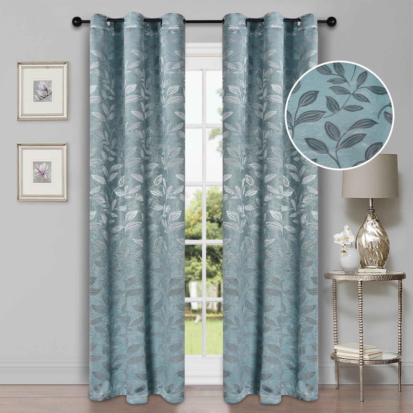 Leaves Machine Washable Room Darkening Blackout Curtains. Set of 2