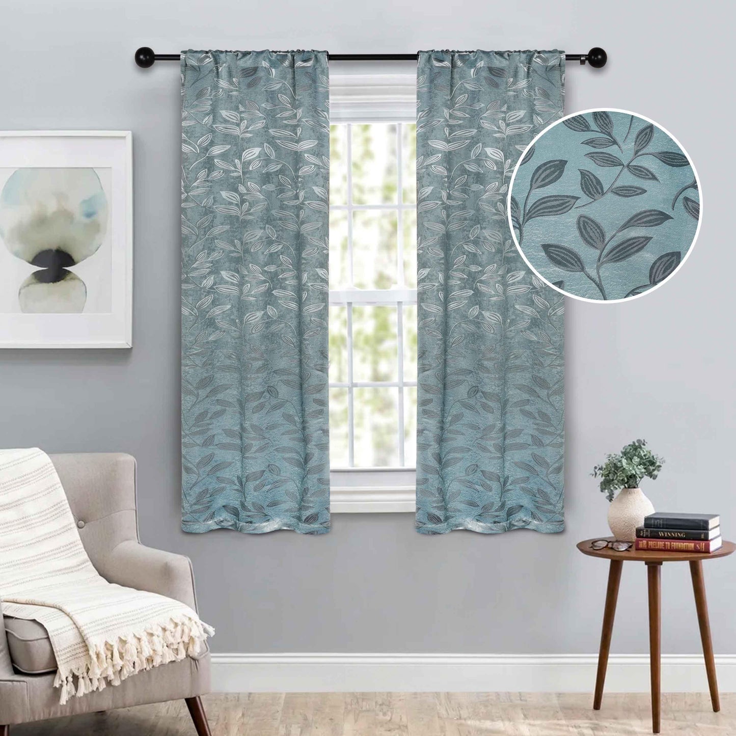 Leaves Machine Washable Room Darkening Blackout Curtains. Set of 2