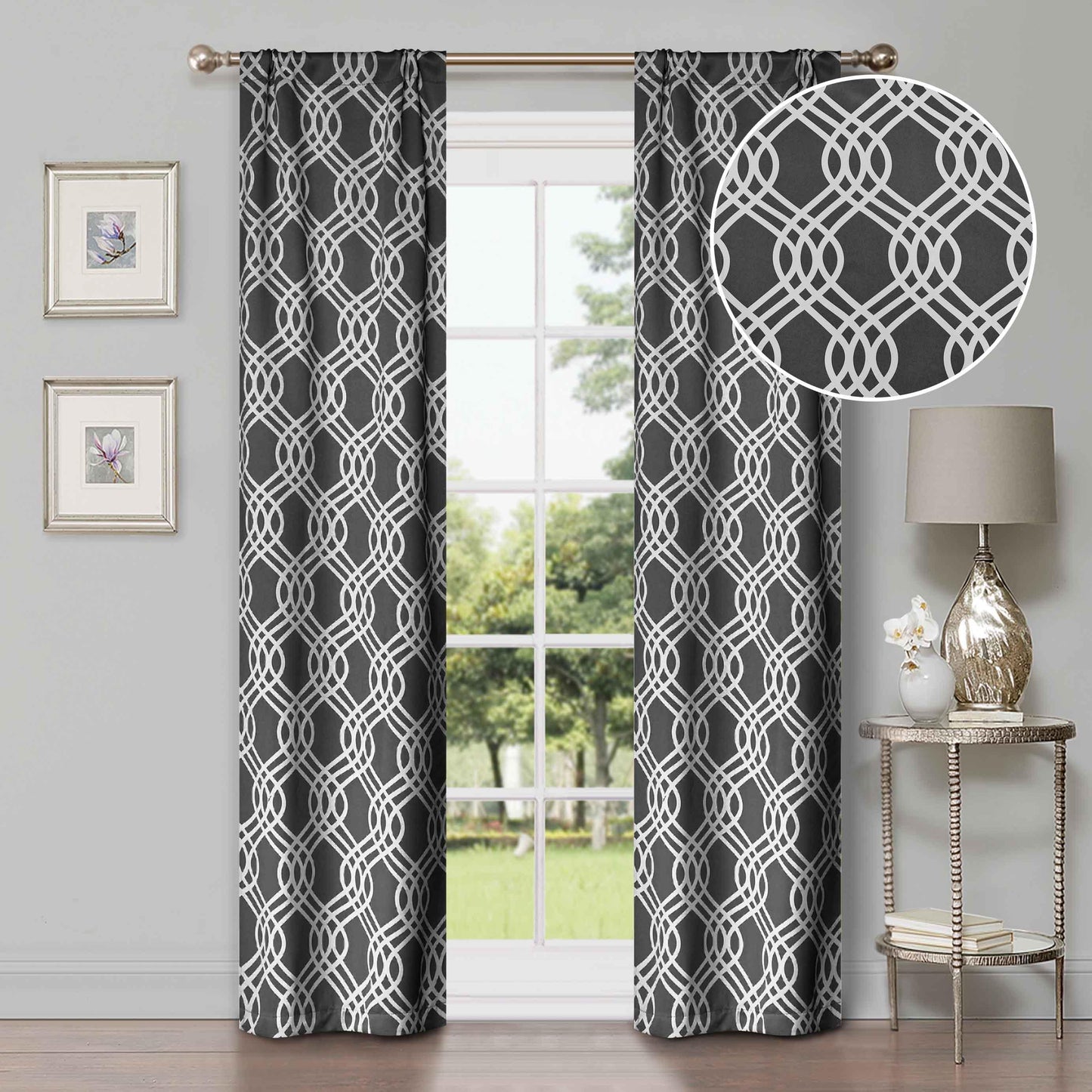 Ribbon Trellis Washable Room Darkening Blackout Curtains. Set of 2