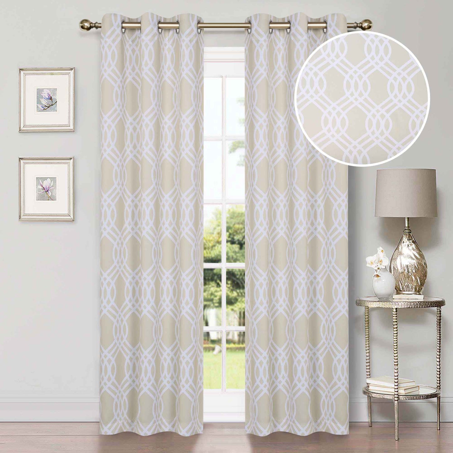 Ribbon Trellis Washable Room Darkening Blackout Curtains. Set of 2