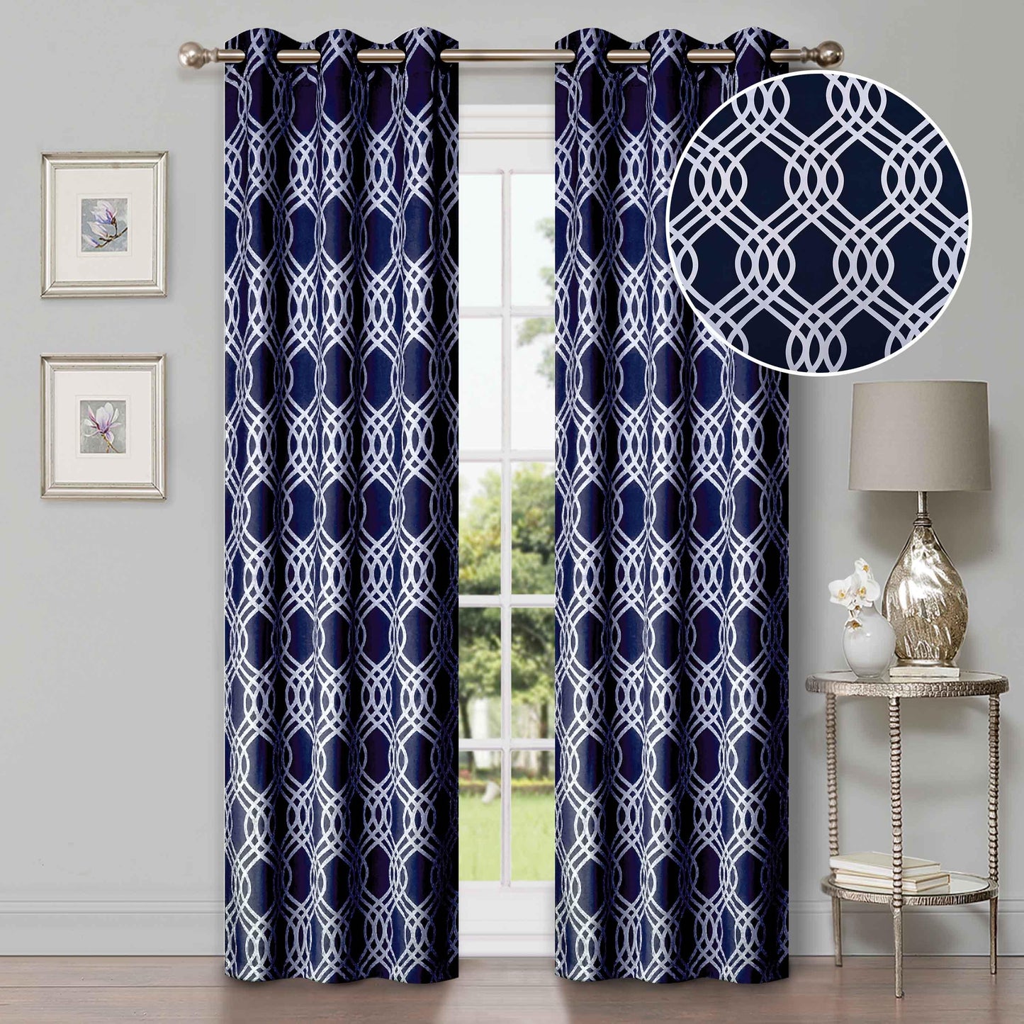 Ribbon Trellis Washable Room Darkening Blackout Curtains. Set of 2