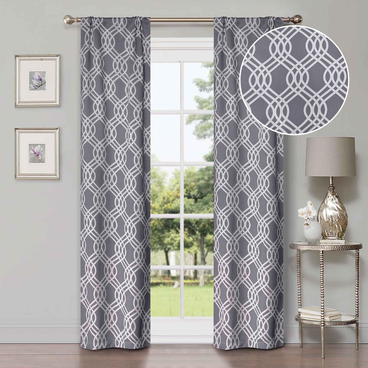 Ribbon Trellis Washable Room Darkening Blackout Curtains. Set of 2