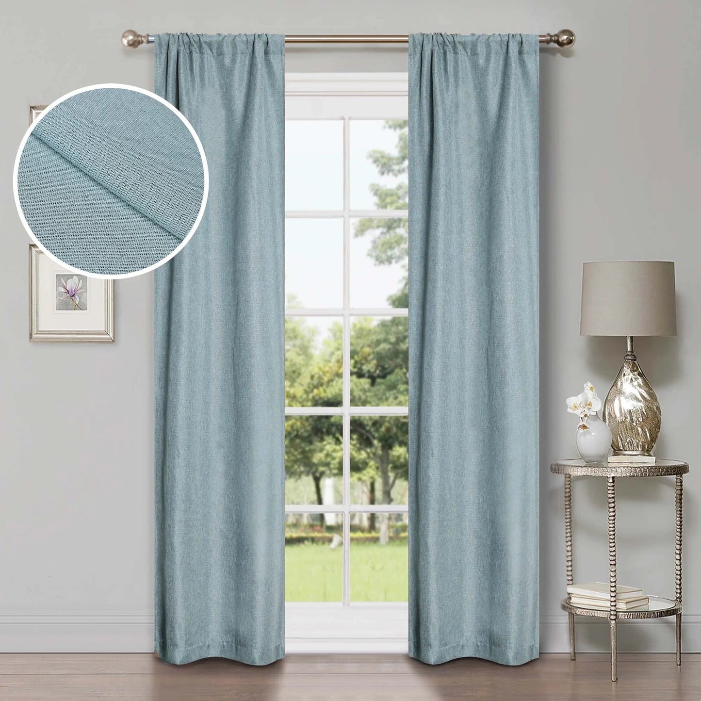 Linen Pattern Washable Room Darkening Blackout Curtains. Set of 2