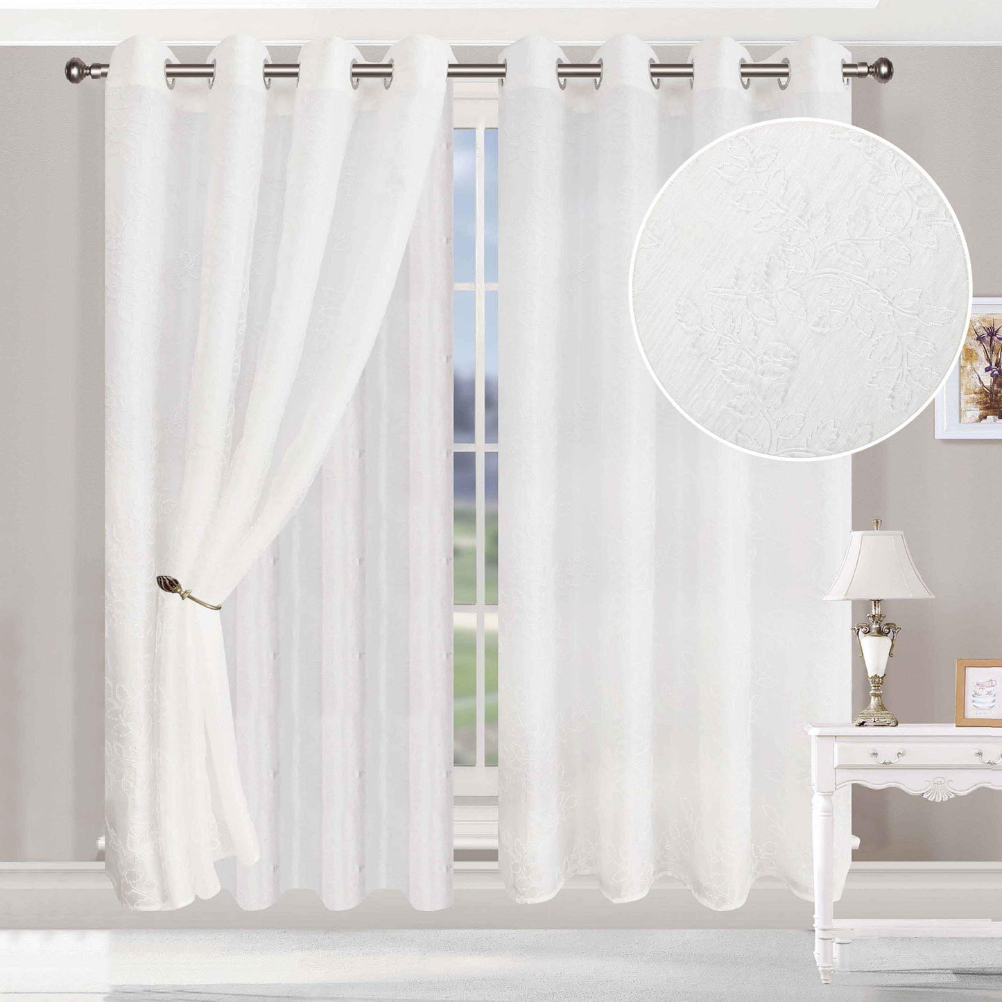 Embroidered Foliage Grommet Sheer Curtain Panel Set