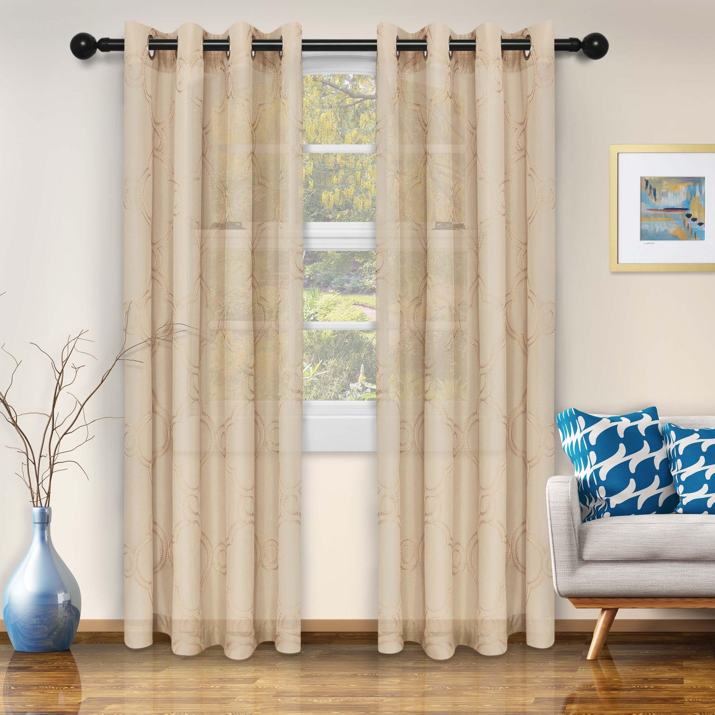 Embroidered Moroccan Trellis Sheer Grommet Curtain Panel Set