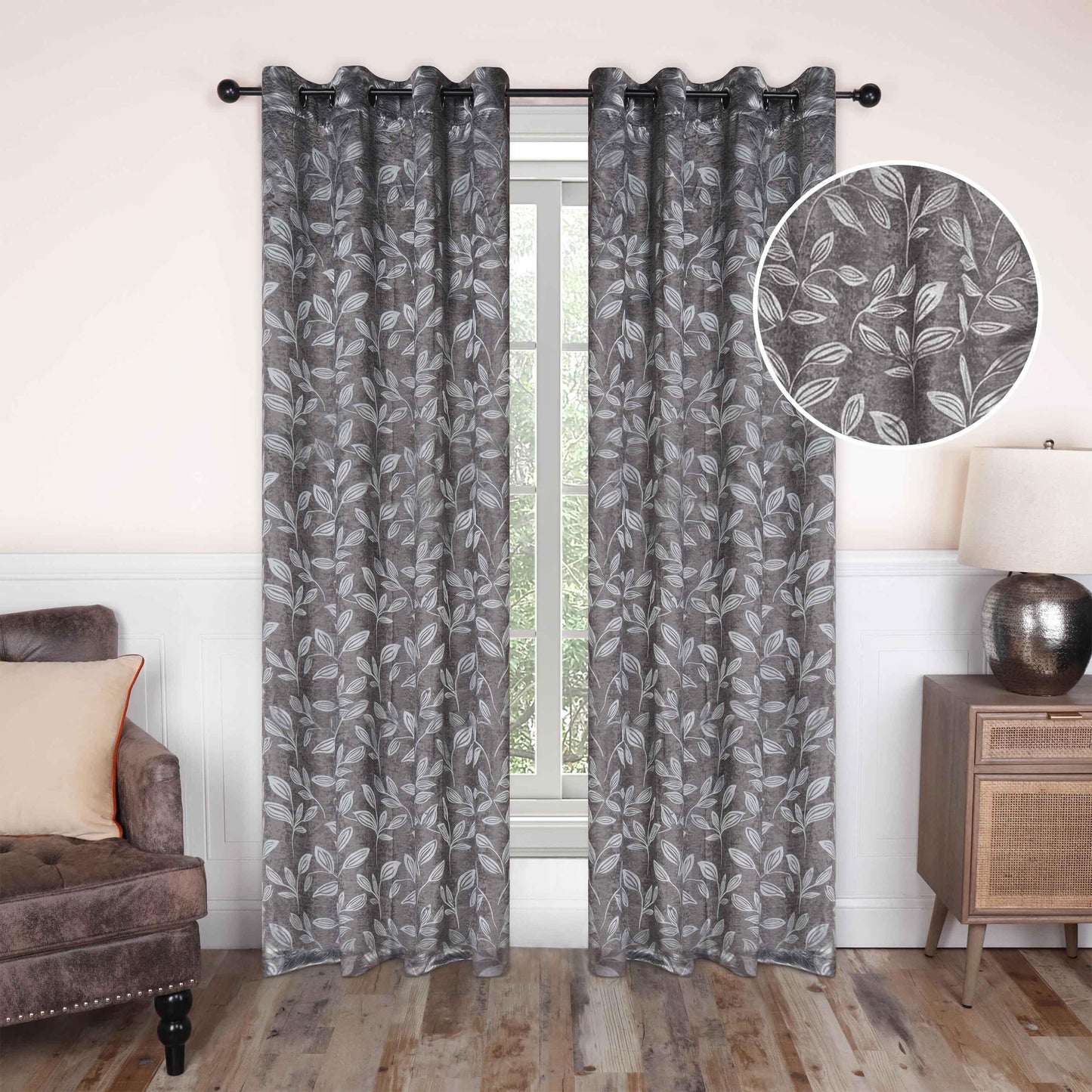 Leaves Machine Washable Room Darkening Blackout Curtains. Set of 2