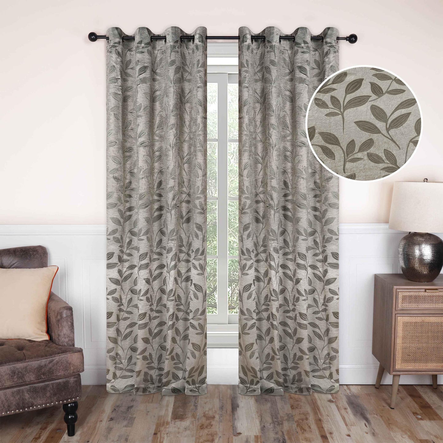 Leaves Machine Washable Room Darkening Blackout Curtains. Set of 2