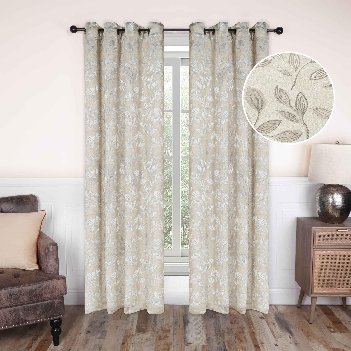 Leaves Machine Washable Room Darkening Blackout Curtains. Set of 2
