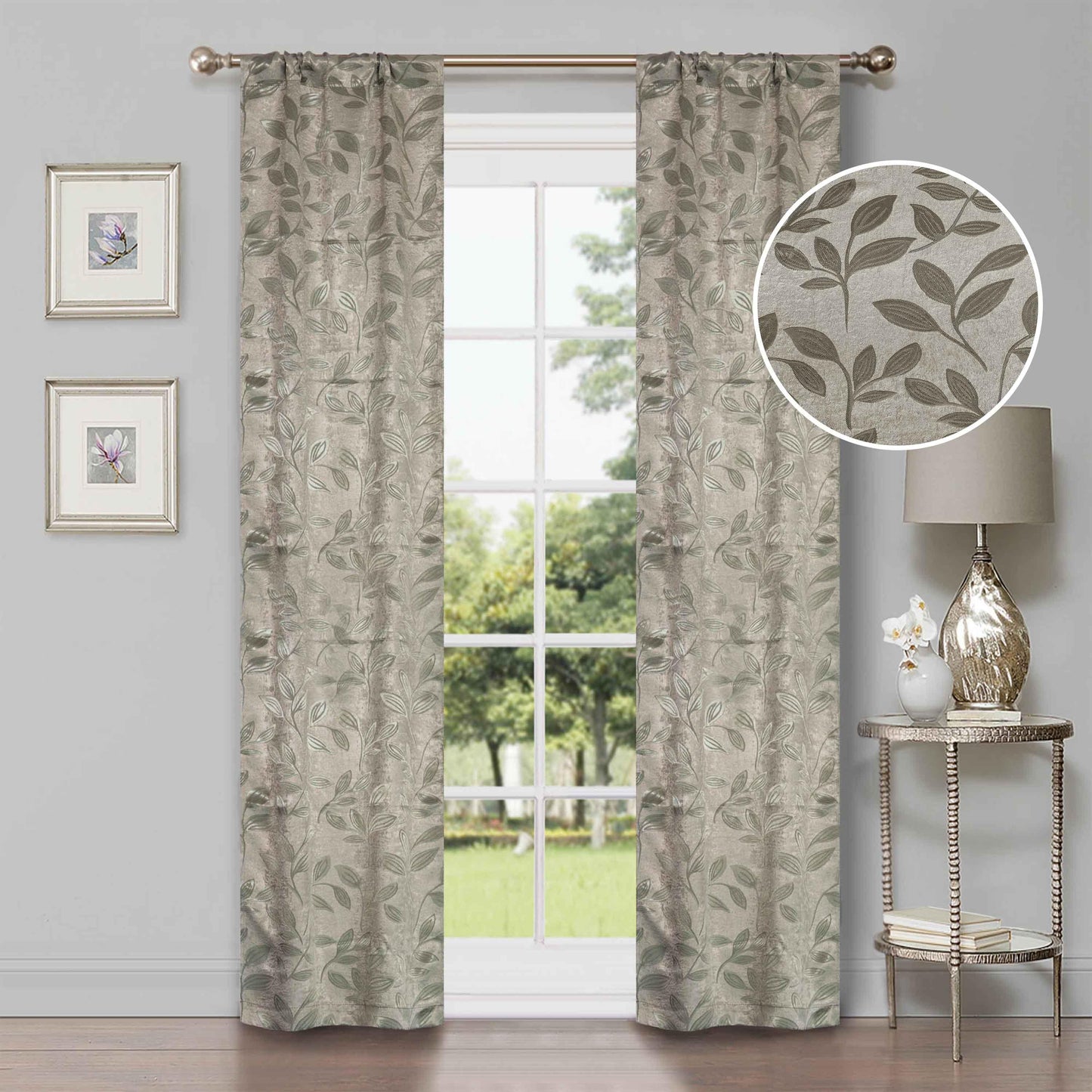 Leaves Machine Washable Room Darkening Blackout Curtains. Set of 2