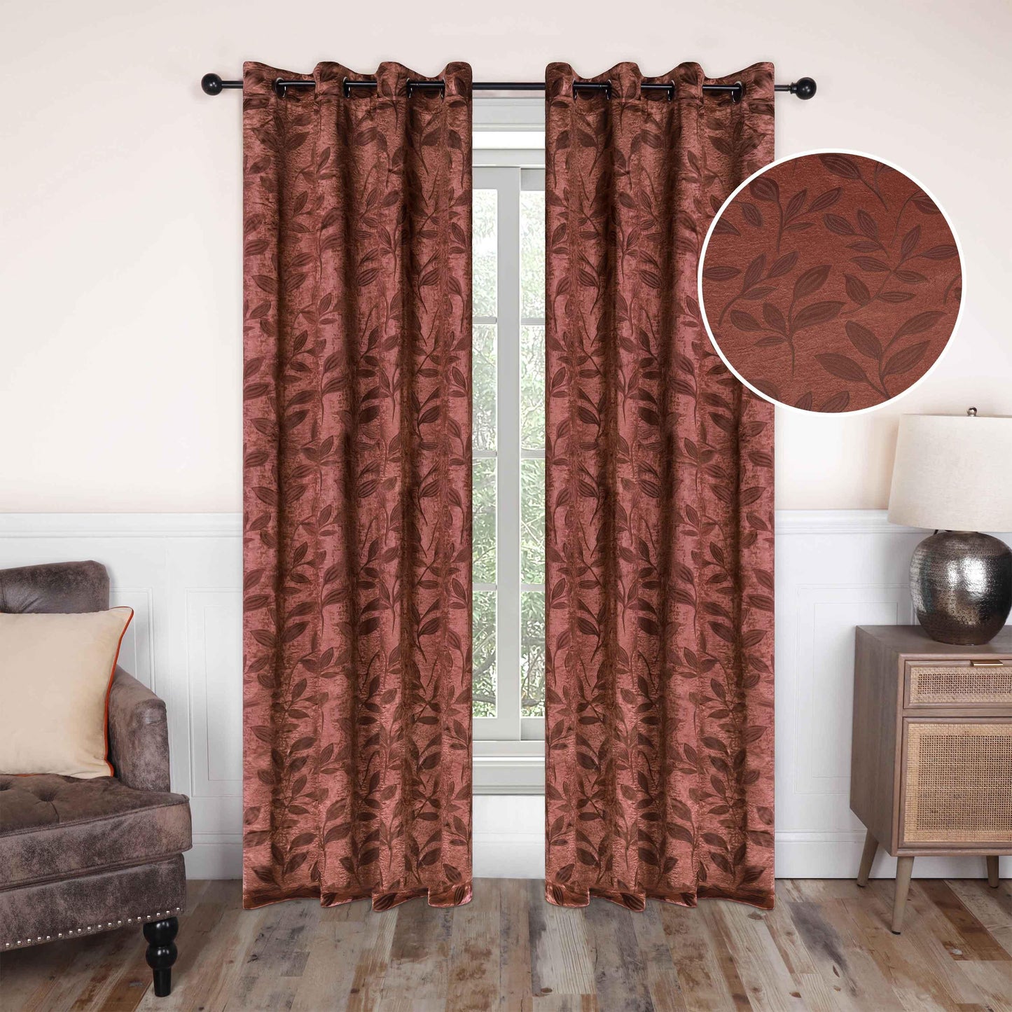 Leaves Machine Washable Room Darkening Blackout Curtains. Set of 2