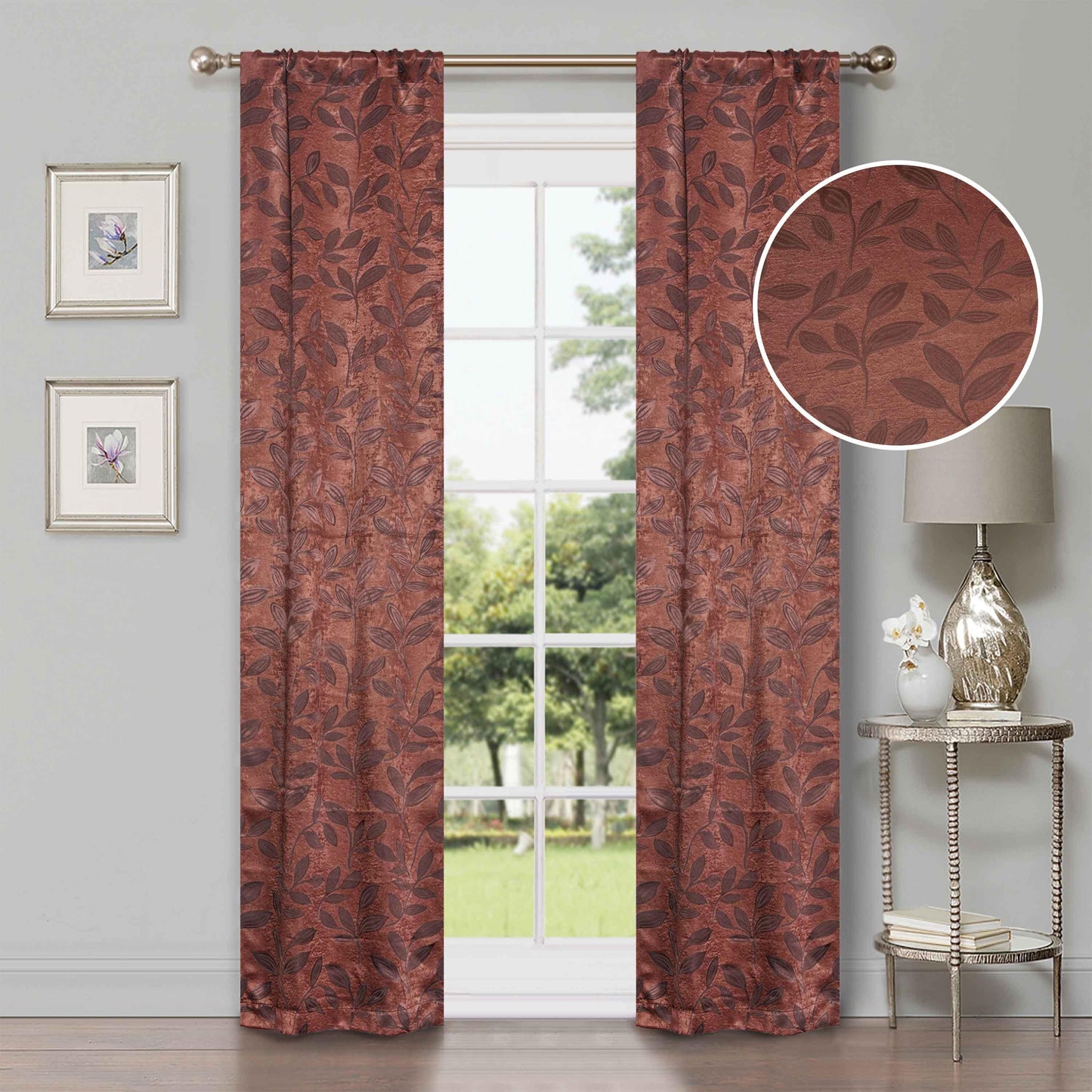 Leaves Machine Washable Room Darkening Blackout Curtains. Set of 2