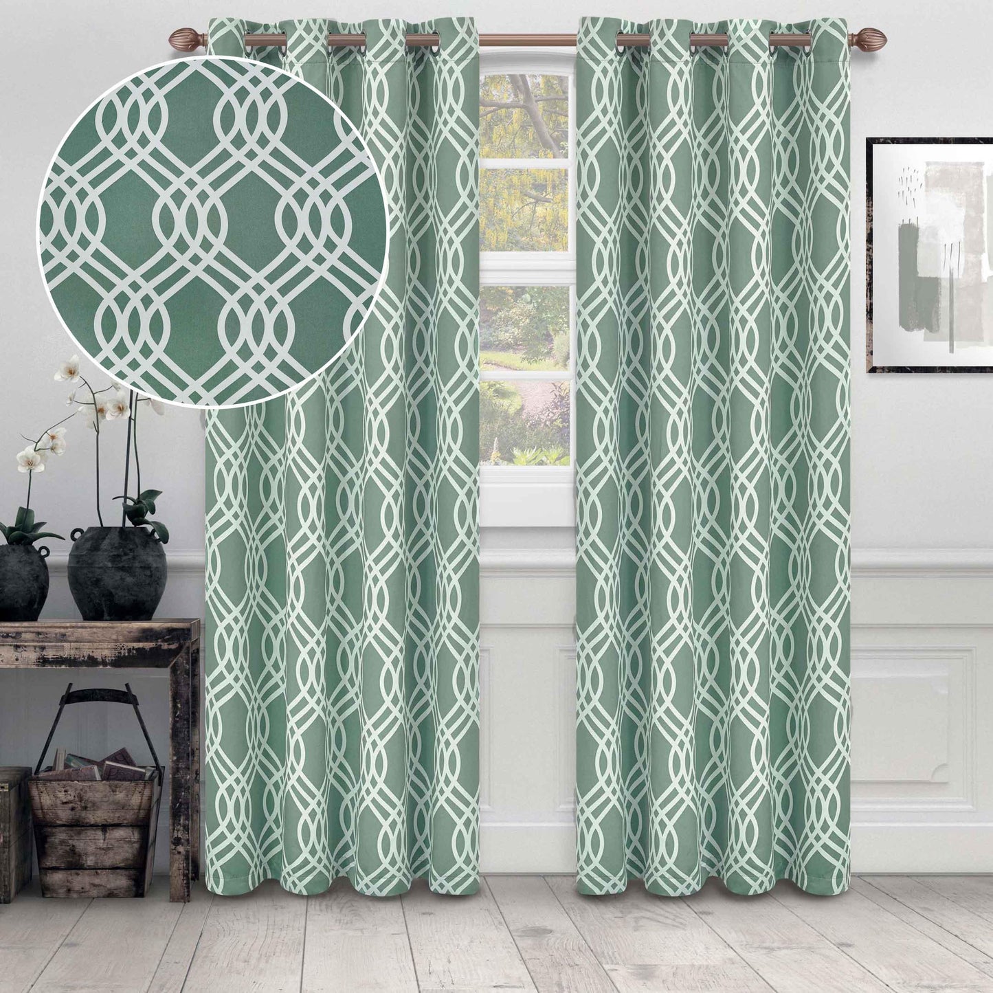 Ribbon Trellis Washable Room Darkening Blackout Curtains. Set of 2