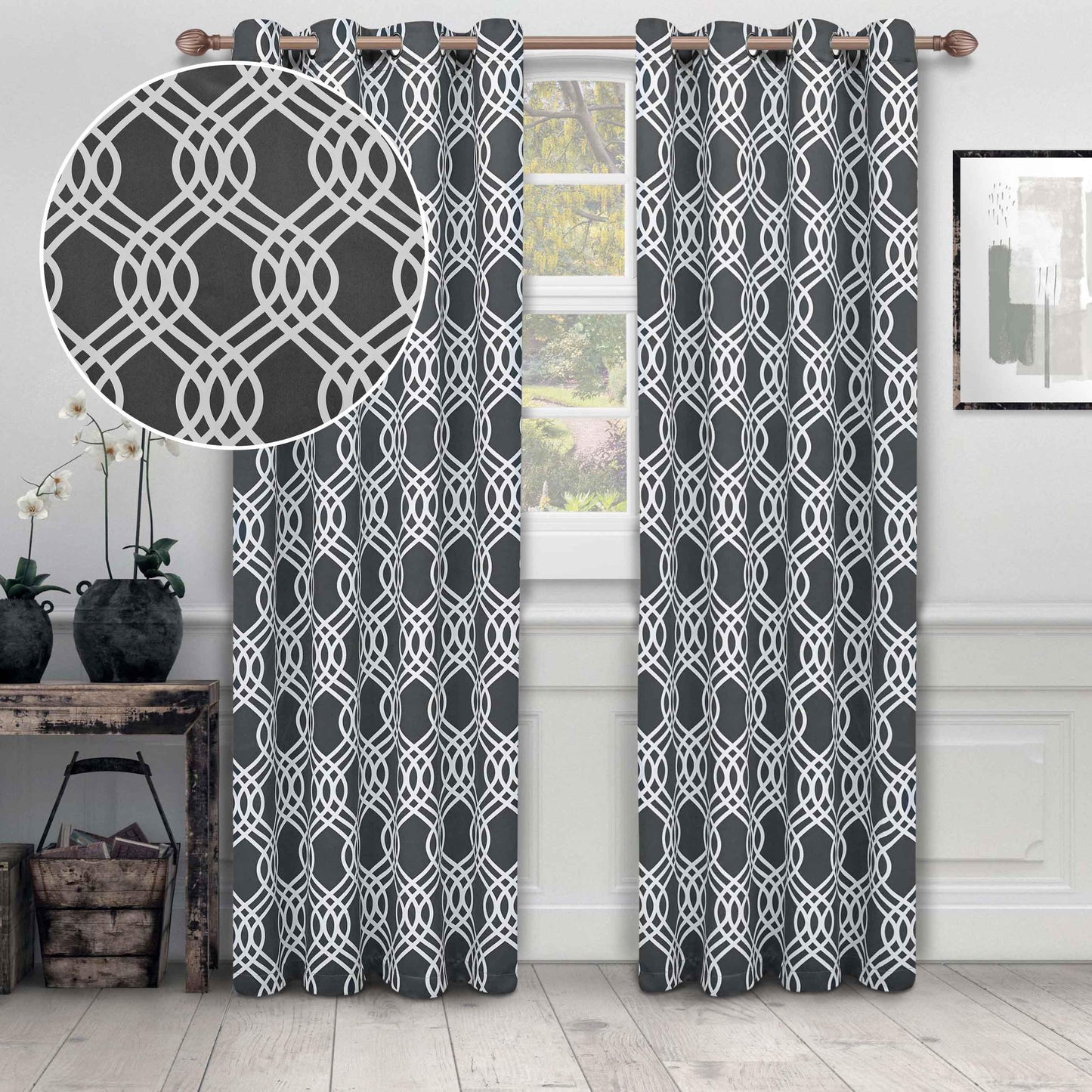 Ribbon Trellis Washable Room Darkening Blackout Curtains. Set of 2