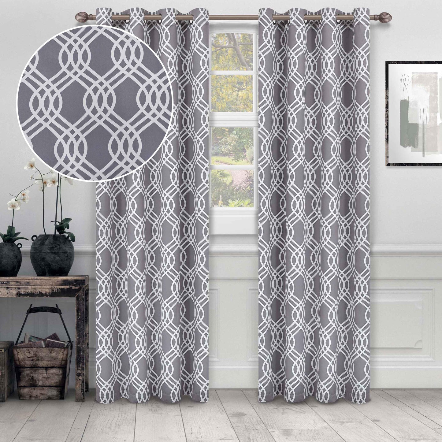 Ribbon Trellis Washable Room Darkening Blackout Curtains. Set of 2
