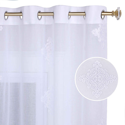 Traditional Embroidered Damask Sheer Grommet Curtain Panel Set