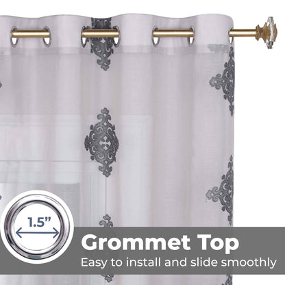 Traditional Embroidered Damask Sheer Grommet Curtain Panel Set