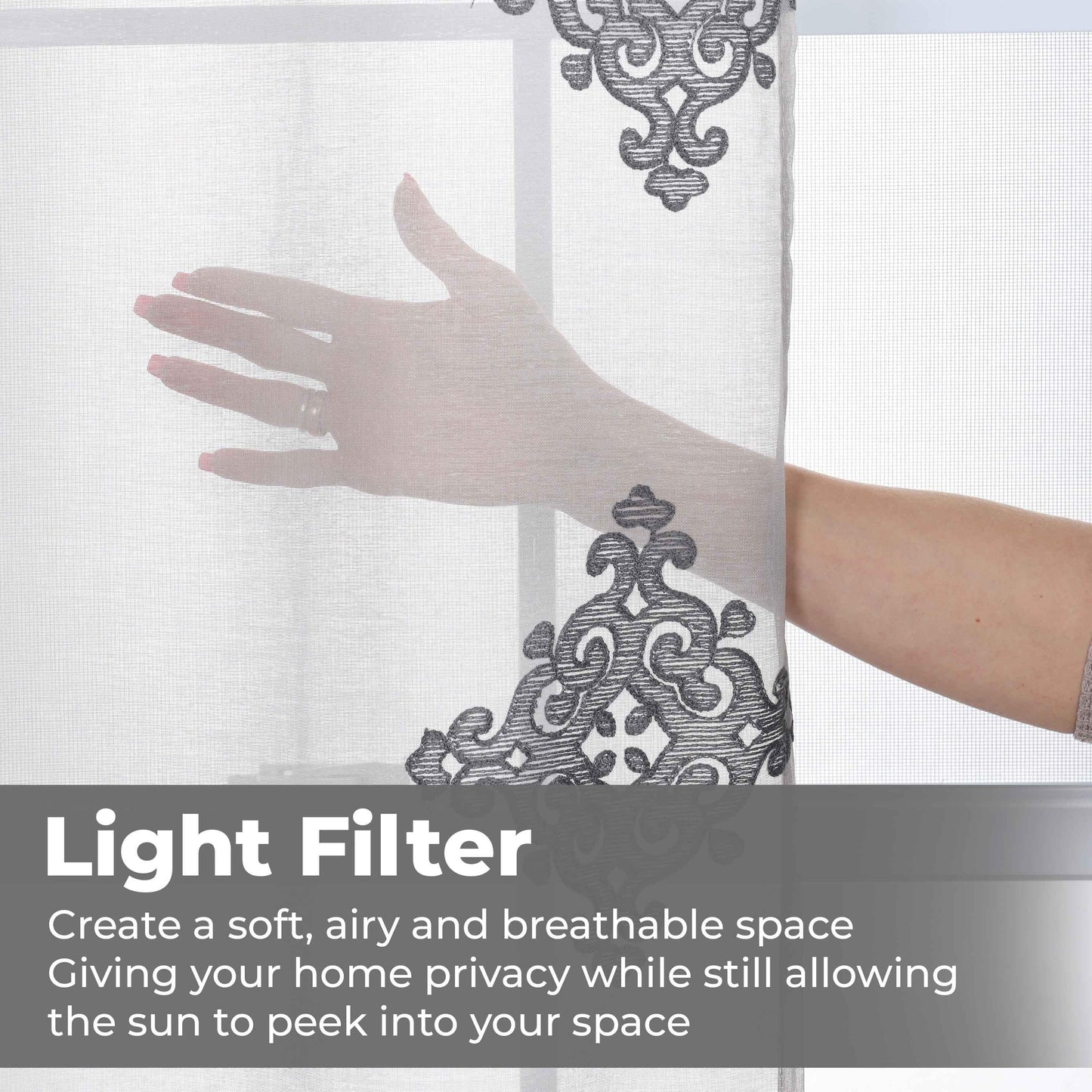 Traditional Embroidered Damask Sheer Grommet Curtain Panel Set
