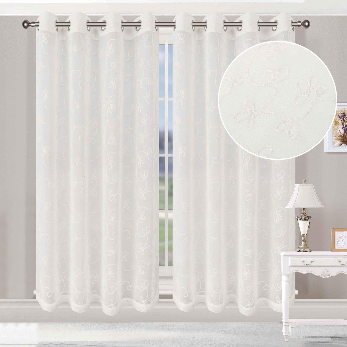 Traditional Embroidered Scroll Sheer Grommet Curtain Panel Set