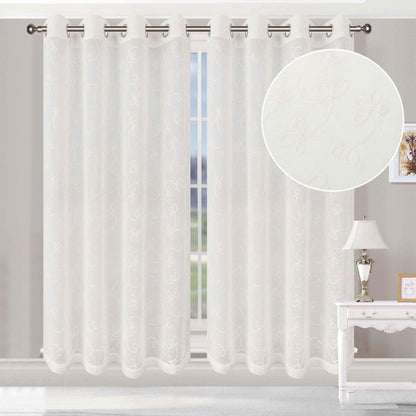 Traditional Embroidered Scroll Sheer Grommet Curtain Panel Set